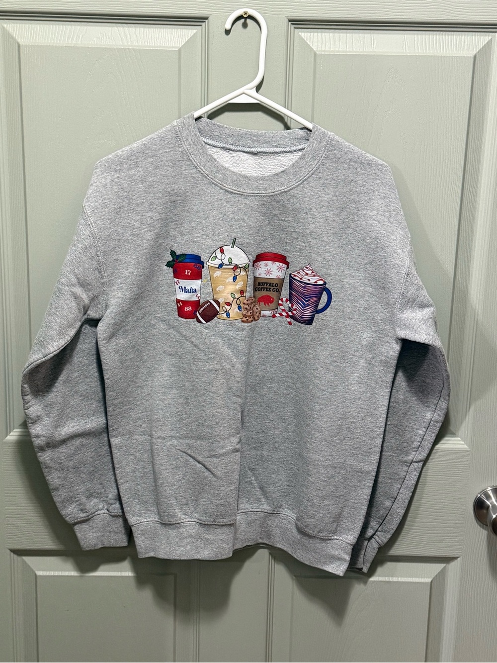 Women’s Grey Crewneck Sweatshirt with Festive Beverage Graphic